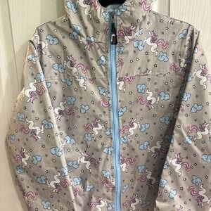 5 Apparel Girls Youth Sz 14 Blue / Grey  Unicorn Jacket L Raincoat Lightweight